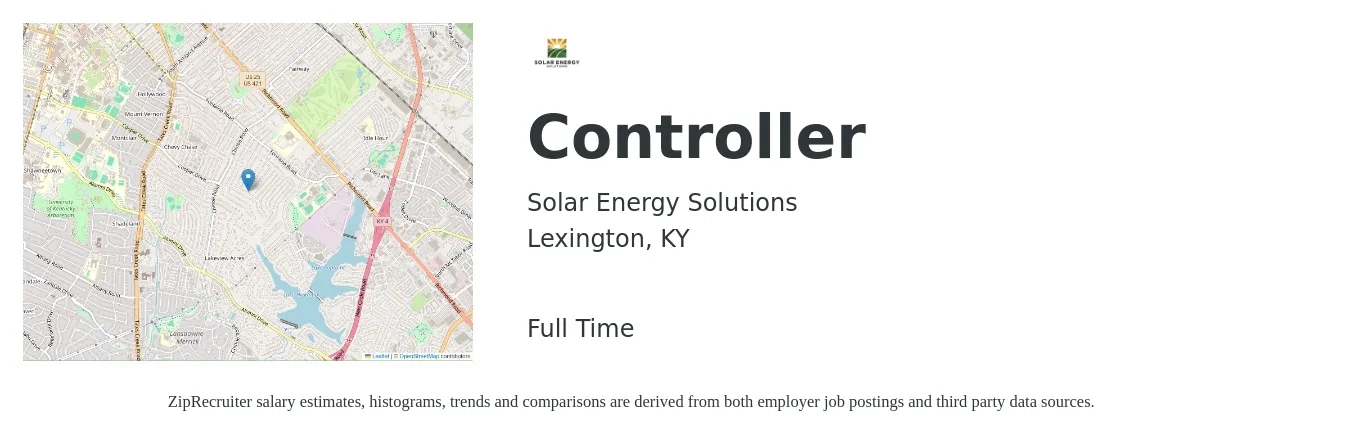 Solar Energy Solutions job posting for a Controller in Lexington, KY with a salary of $96,400 to $137,700 Yearly with a map of Lexington location.
