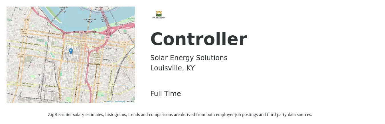 Solar Energy Solutions job posting for a Controller in Louisville, KY with a salary of $93,200 to $133,100 Yearly with a map of Louisville location.