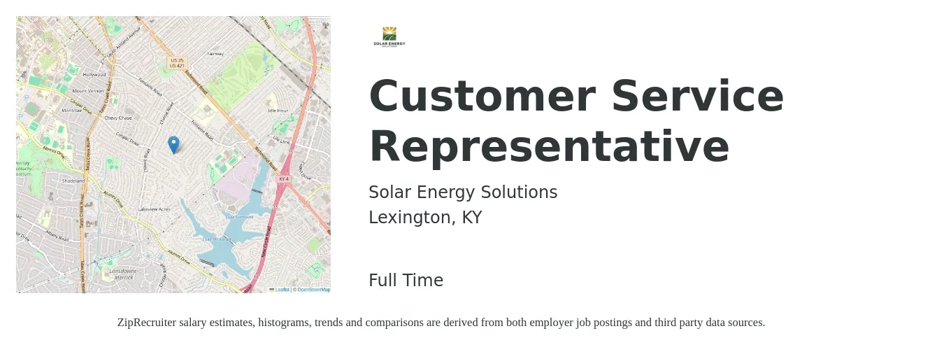 Solar Energy Solutions job posting for a Customer Service Representative in Lexington, KY with a salary of $16 to $22 Hourly with a map of Lexington location.