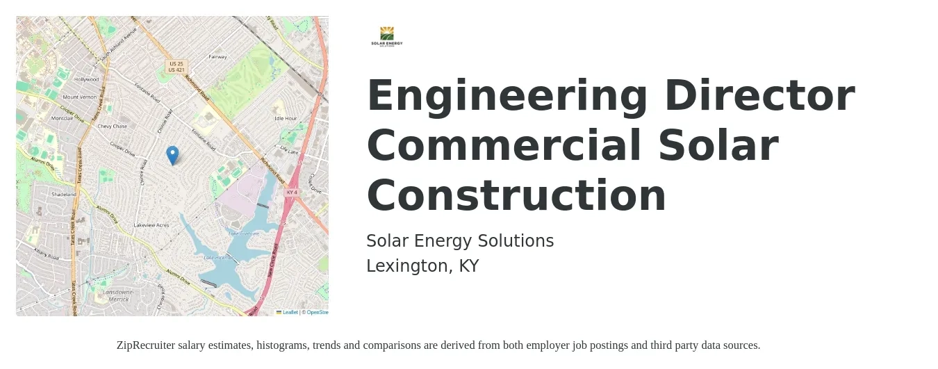 Solar Energy Solutions job posting for a Engineering Director Commercial Solar Construction in Lexington, KY with a salary of $59,600 to $140,600 Yearly with a map of Lexington location.