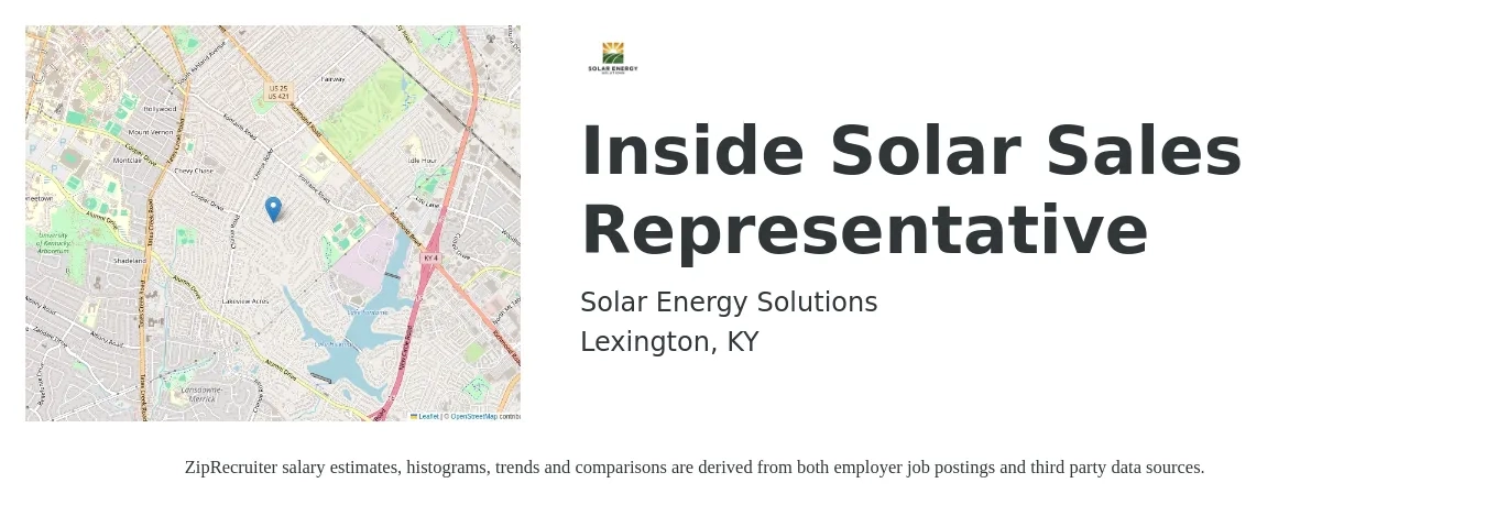 Solar Energy Solutions job posting for a Inside Solar Sales Representative in Lexington, KY with a salary of $39,300 to $58,600 Yearly with a map of Lexington location.