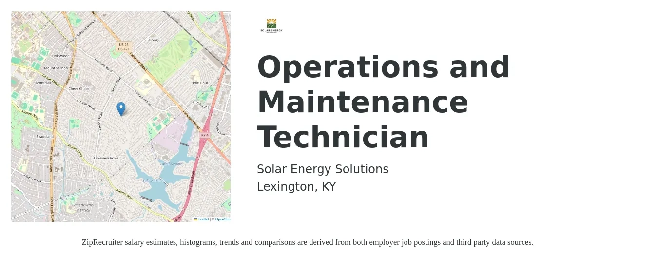 Solar Energy Solutions job posting for a Operations and Maintenance Technician in Lexington, KY with a salary of $18 to $28 Hourly with a map of Lexington location.