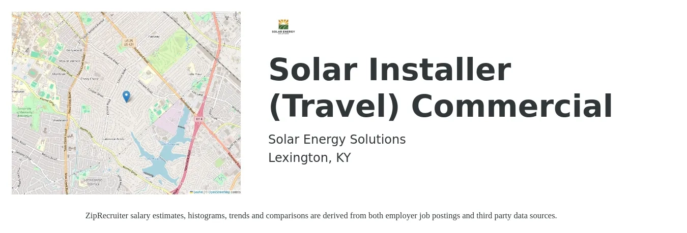 Solar Energy Solutions job posting for a Solar Installer (Travel) Commercial in Lexington, KY with a salary of $20 to $27 Hourly with a map of Lexington location.