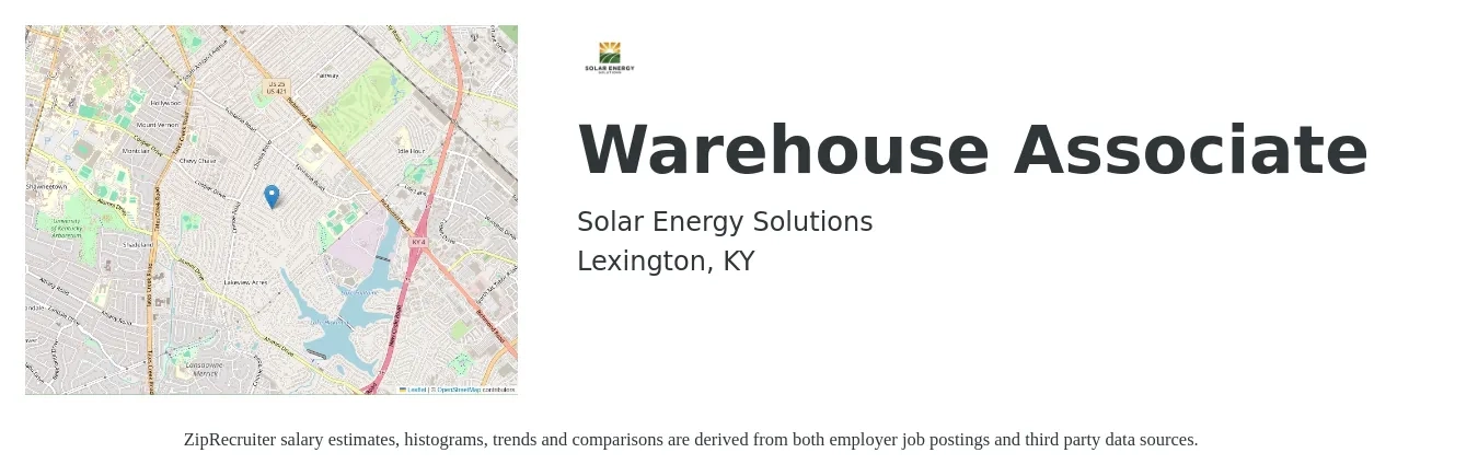 Solar Energy Solutions job posting for a Warehouse Associate in Lexington, KY with a salary of $16 to $19 Hourly with a map of Lexington location.