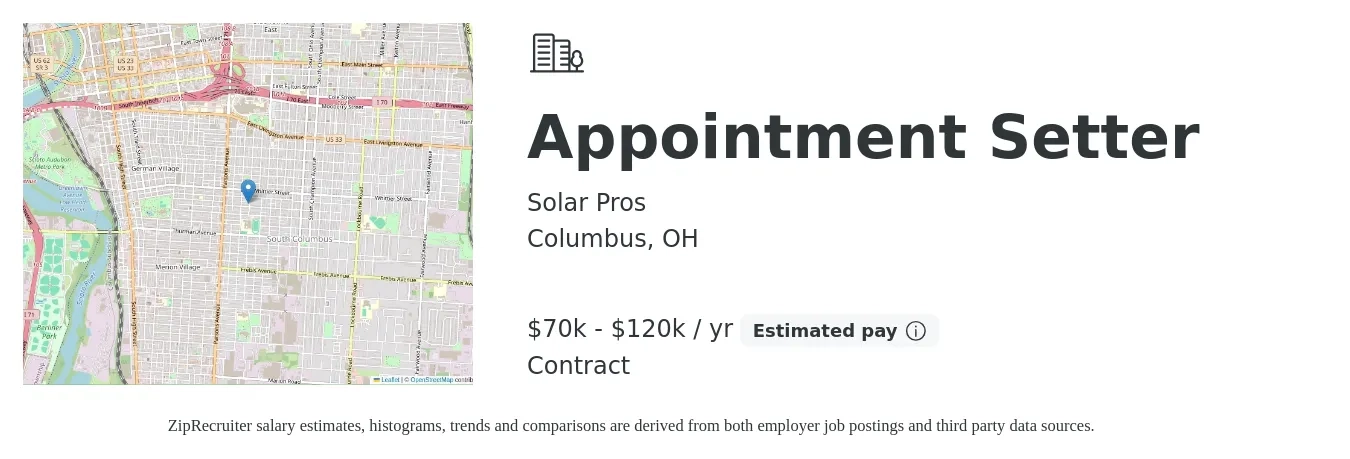 Solar Pros job posting for a Appointment Setter in Columbus, OH with a salary of $70,000 to $120,000 Yearly with a map of Columbus location.