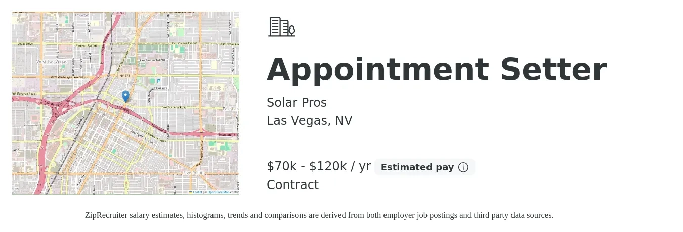 Solar Pros job posting for a Appointment Setter in Las Vegas, NV with a salary of $70,000 to $120,000 Yearly with a map of Las Vegas location.