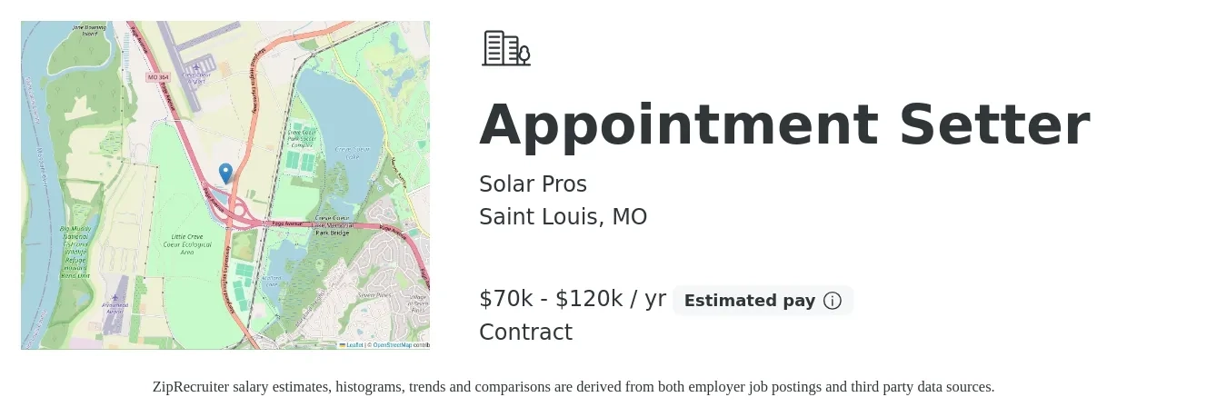 Solar Pros job posting for a Appointment Setter in Saint Louis, MO with a salary of $70,000 to $120,000 Yearly with a map of Saint Louis location.