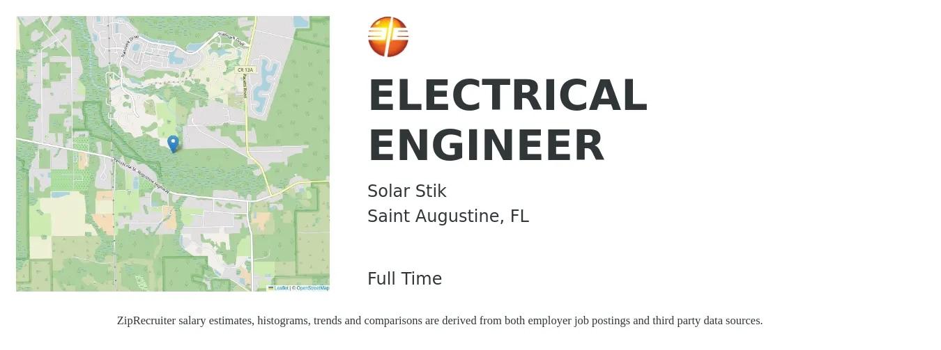 Solar Stik job posting for a ELECTRICAL ENGINEER in Saint Augustine, FL with a salary of $72,400 to $115,200 Yearly with a map of Saint Augustine location.