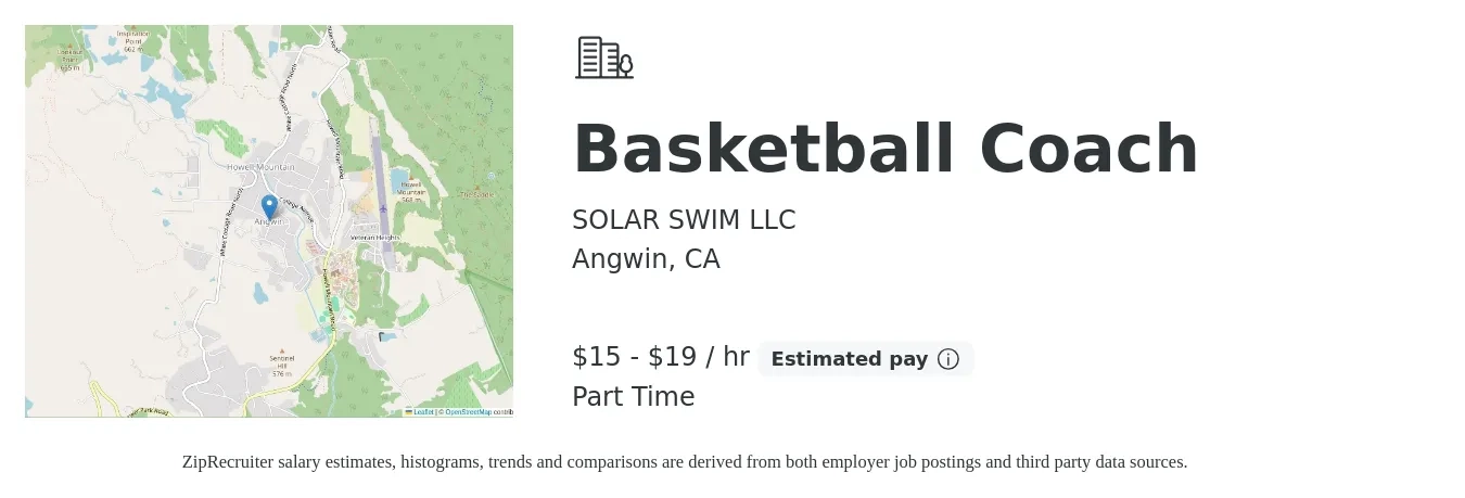 SOLAR SWIM LLC job posting for a Basketball Coach in Angwin, CA with a salary of $16 to $20 Hourly with a map of Angwin location.
