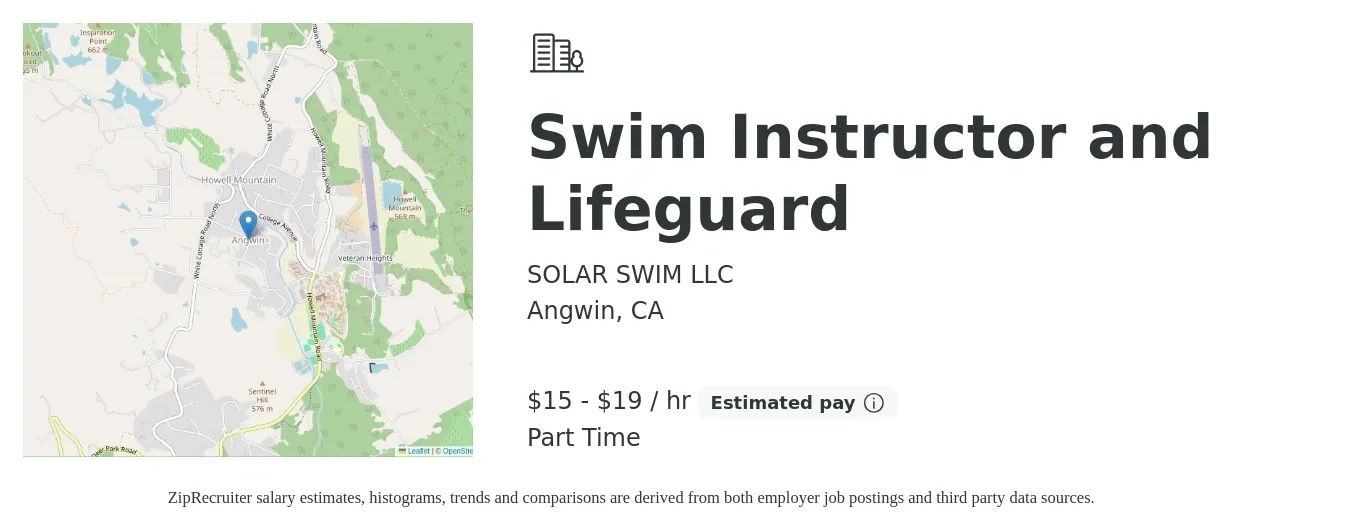 SOLAR SWIM LLC job posting for a Swim Instructor and Lifeguard in Angwin, CA with a salary of $16 to $20 Hourly with a map of Angwin location.