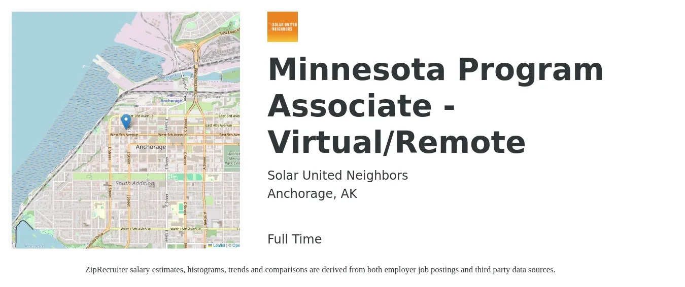 Solar United Neighbors job posting for a Minnesota Program Associate - Virtual/Remote in Anchorage, AK with a salary of $40,900 to $60,800 Yearly with a map of Anchorage location.
