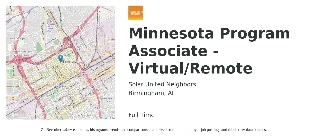 Solar United Neighbors job posting for a Minnesota Program Associate - Virtual/Remote in Birmingham, AL with a salary of $37,500 to $55,800 Yearly with a map of Birmingham location.