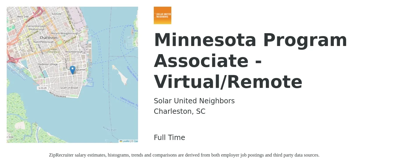 Solar United Neighbors job posting for a Minnesota Program Associate - Virtual/Remote in Charleston, SC with a salary of $37,400 to $55,700 Yearly with a map of Charleston location.