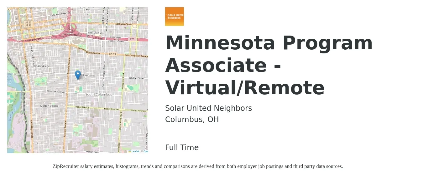 Solar United Neighbors job posting for a Minnesota Program Associate - Virtual/Remote in Columbus, OH with a salary of $38,600 to $57,500 Yearly with a map of Columbus location.