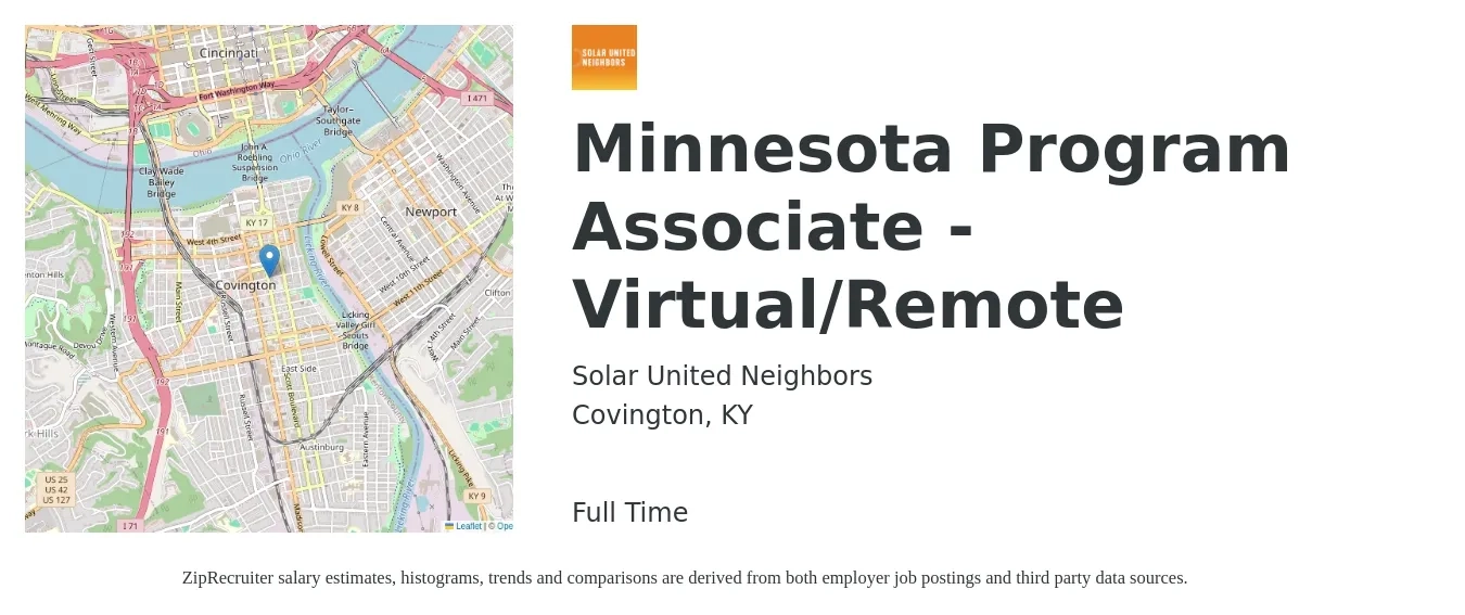 Solar United Neighbors job posting for a Minnesota Program Associate - Virtual/Remote in Covington, KY with a salary of $38,800 to $57,800 Yearly with a map of Covington location.