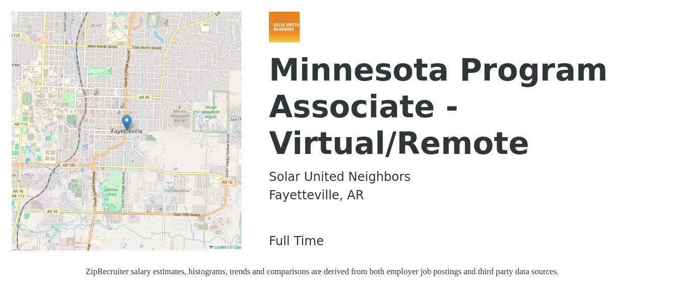 Solar United Neighbors job posting for a Minnesota Program Associate - Virtual/Remote in Fayetteville, AR with a salary of $38,300 to $57,000 Yearly with a map of Fayetteville location.