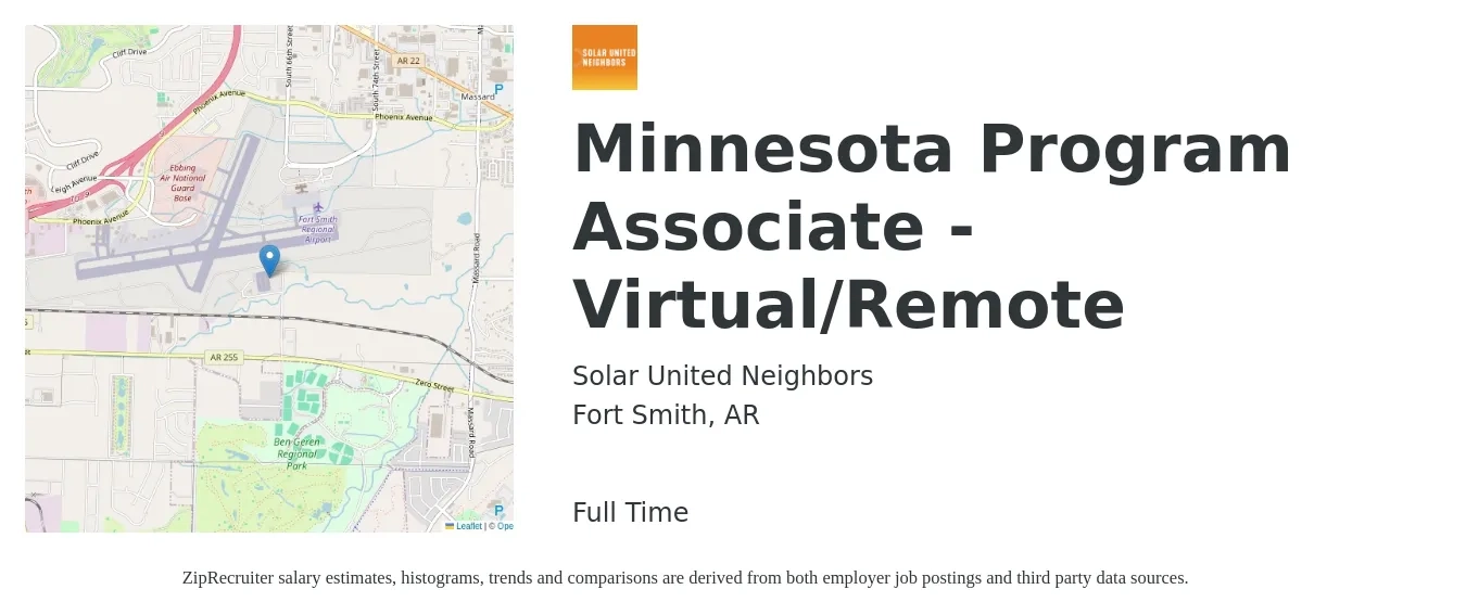 Solar United Neighbors job posting for a Minnesota Program Associate - Virtual/Remote in Fort Smith, AR with a salary of $38,600 to $57,400 Yearly with a map of Fort Smith location.