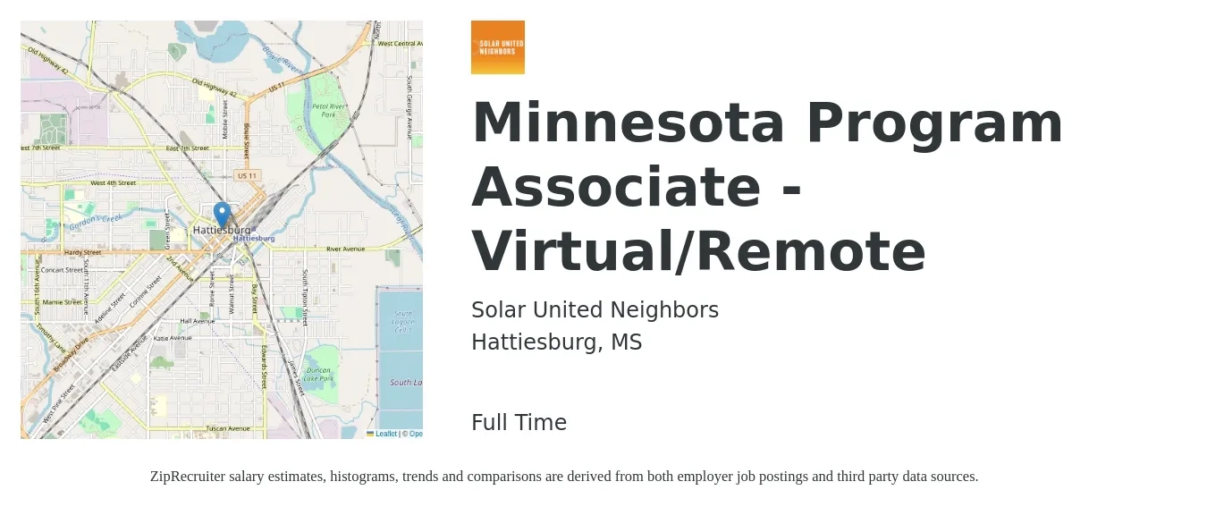 Solar United Neighbors job posting for a Minnesota Program Associate - Virtual/Remote in Hattiesburg, MS with a salary of $39,700 to $59,000 Yearly with a map of Hattiesburg location.