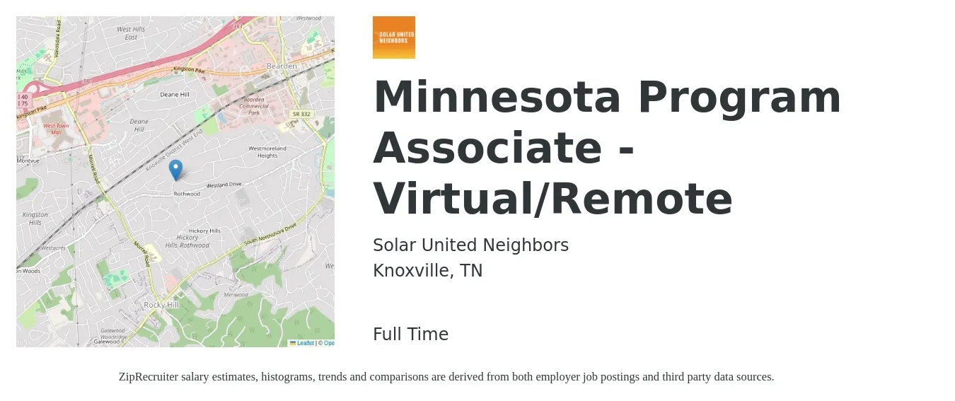 Solar United Neighbors job posting for a Minnesota Program Associate - Virtual/Remote in Knoxville, TN with a salary of $38,200 to $56,800 Yearly with a map of Knoxville location.