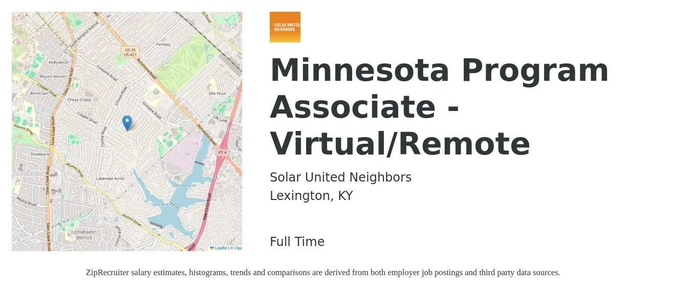 Solar United Neighbors job posting for a Minnesota Program Associate - Virtual/Remote in Lexington, KY with a salary of $39,800 to $59,100 Yearly with a map of Lexington location.