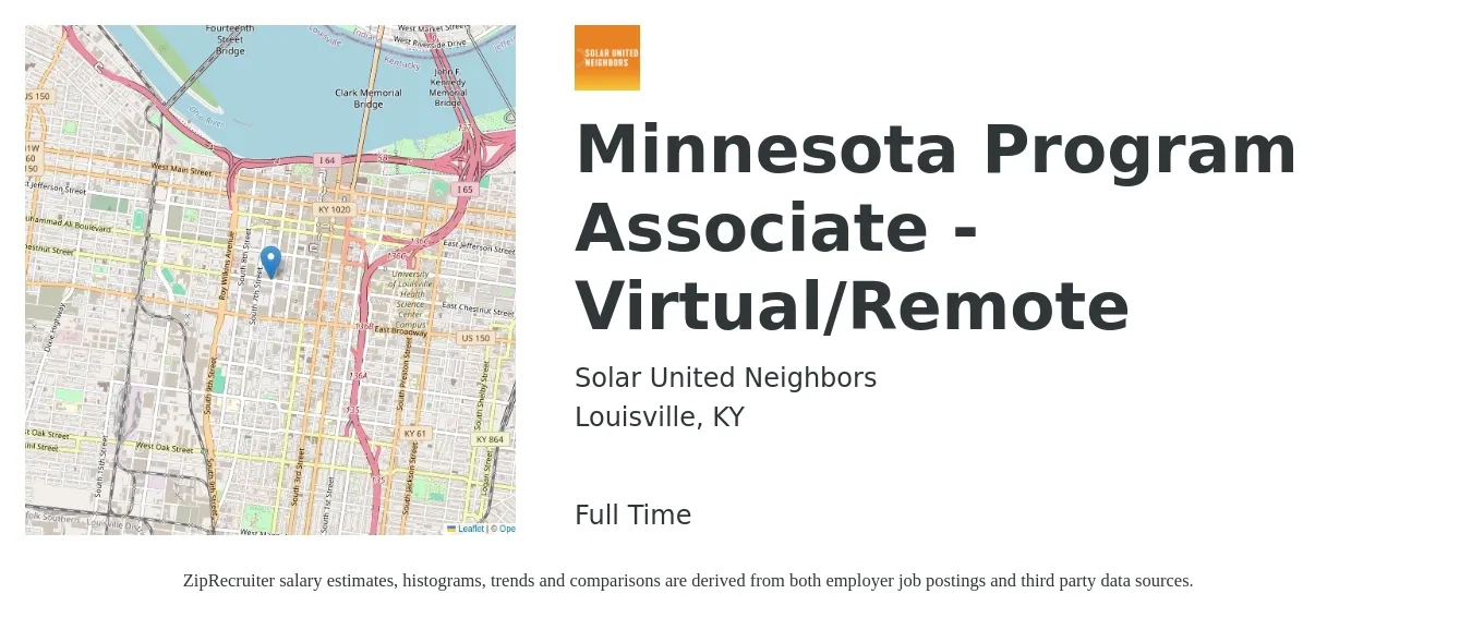 Solar United Neighbors job posting for a Minnesota Program Associate - Virtual/Remote in Louisville, KY with a salary of $38,400 to $57,200 Yearly with a map of Louisville location.