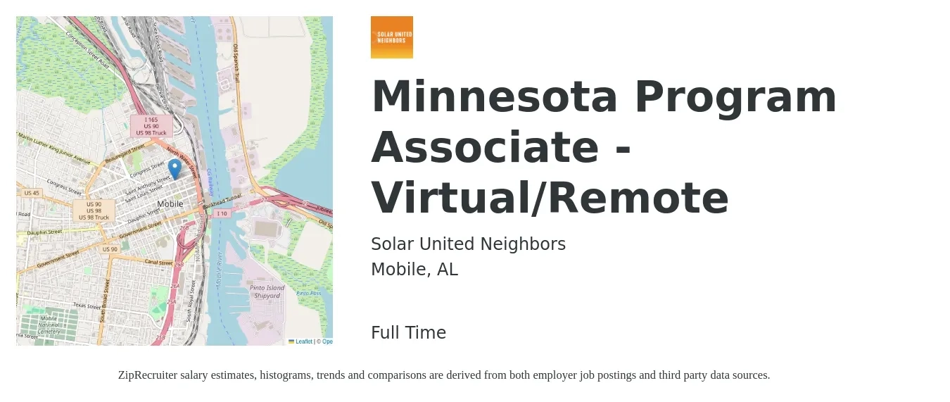 Solar United Neighbors job posting for a Minnesota Program Associate - Virtual/Remote in Mobile, AL with a salary of $39,700 to $59,000 Yearly with a map of Mobile location.