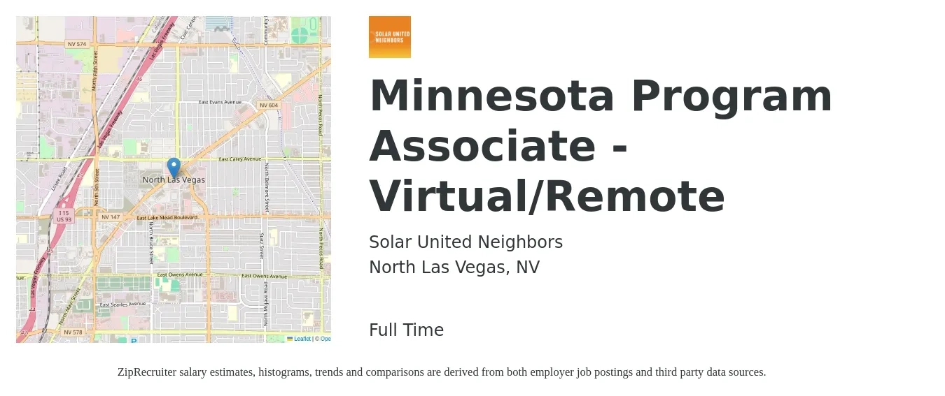 Solar United Neighbors job posting for a Minnesota Program Associate - Virtual/Remote in North Las Vegas, NV with a salary of $38,200 to $56,800 Yearly with a map of North Las Vegas location.