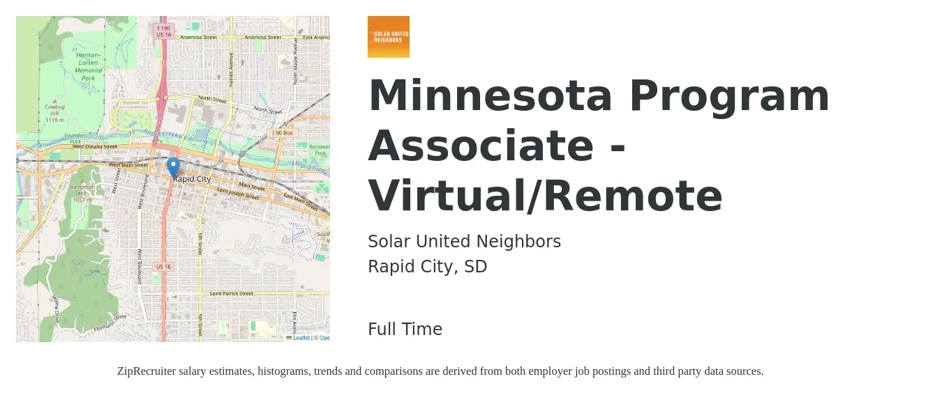 Solar United Neighbors job posting for a Minnesota Program Associate - Virtual/Remote in Rapid City, SD with a salary of $39,500 to $58,700 Yearly with a map of Rapid City location.