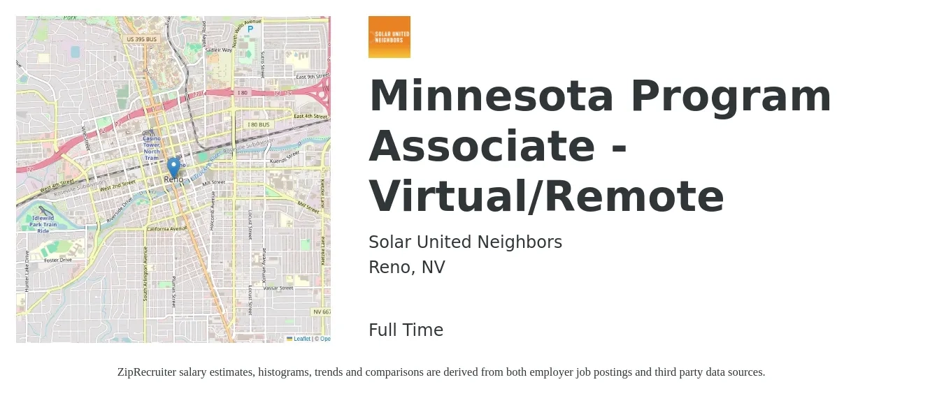 Solar United Neighbors job posting for a Minnesota Program Associate - Virtual/Remote in Reno, NV with a salary of $39,900 to $59,300 Yearly with a map of Reno location.