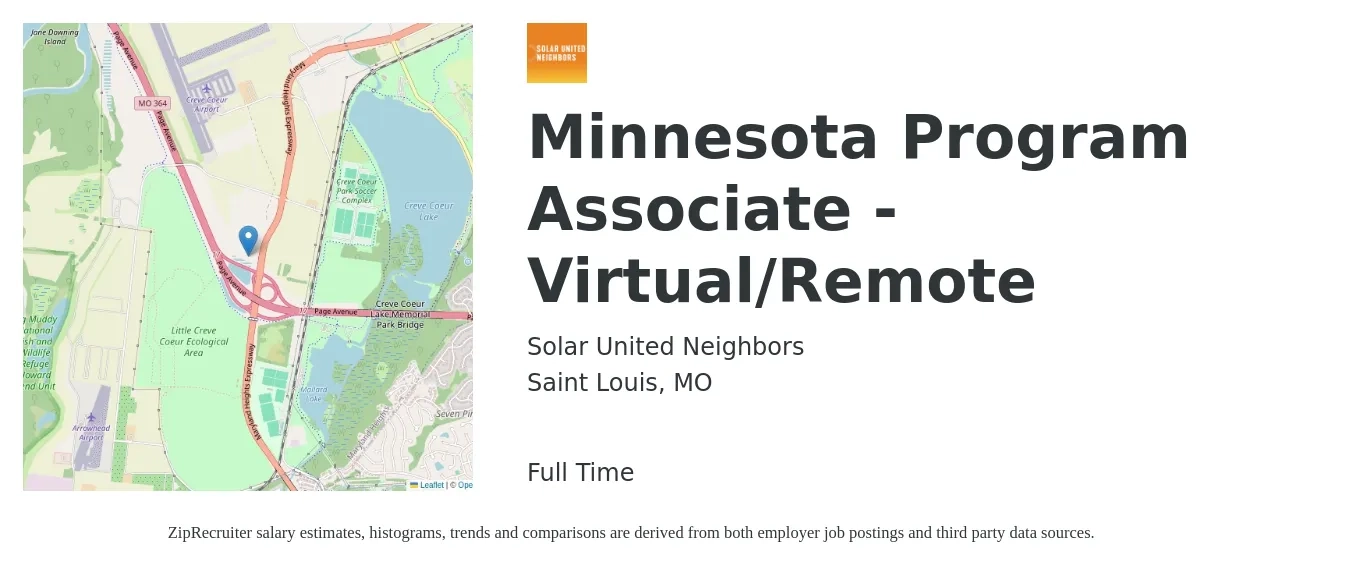 Solar United Neighbors job posting for a Minnesota Program Associate - Virtual/Remote in Saint Louis, MO with a salary of $38,900 to $57,800 Yearly with a map of Saint Louis location.