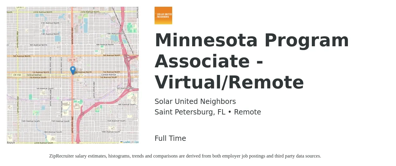 Solar United Neighbors job posting for a Minnesota Program Associate - Virtual/Remote in Saint Petersburg, FL with a salary of $37,800 to $56,300 Yearly with a map of Saint Petersburg location.
