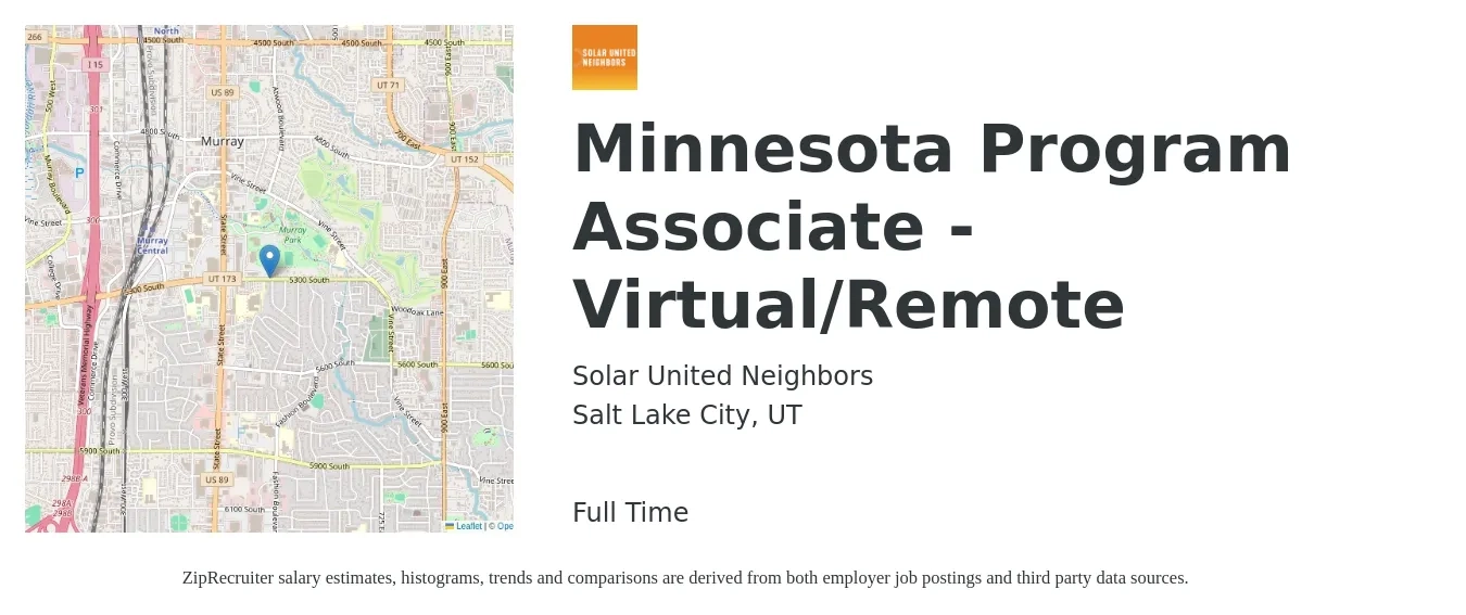 Solar United Neighbors job posting for a Minnesota Program Associate - Virtual/Remote in Salt Lake City, UT with a salary of $38,700 to $57,600 Yearly with a map of Salt Lake City location.