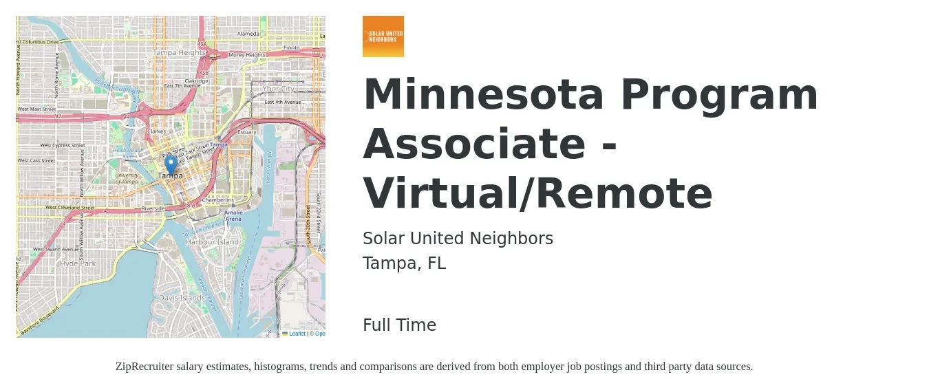 Solar United Neighbors job posting for a Minnesota Program Associate - Virtual/Remote in Tampa, FL with a salary of $37,800 to $56,200 Yearly with a map of Tampa location.