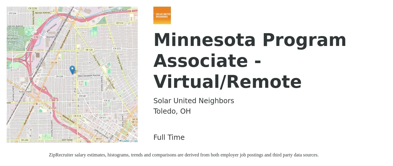 Solar United Neighbors job posting for a Minnesota Program Associate - Virtual/Remote in Toledo, OH with a salary of $39,400 to $58,500 Yearly with a map of Toledo location.