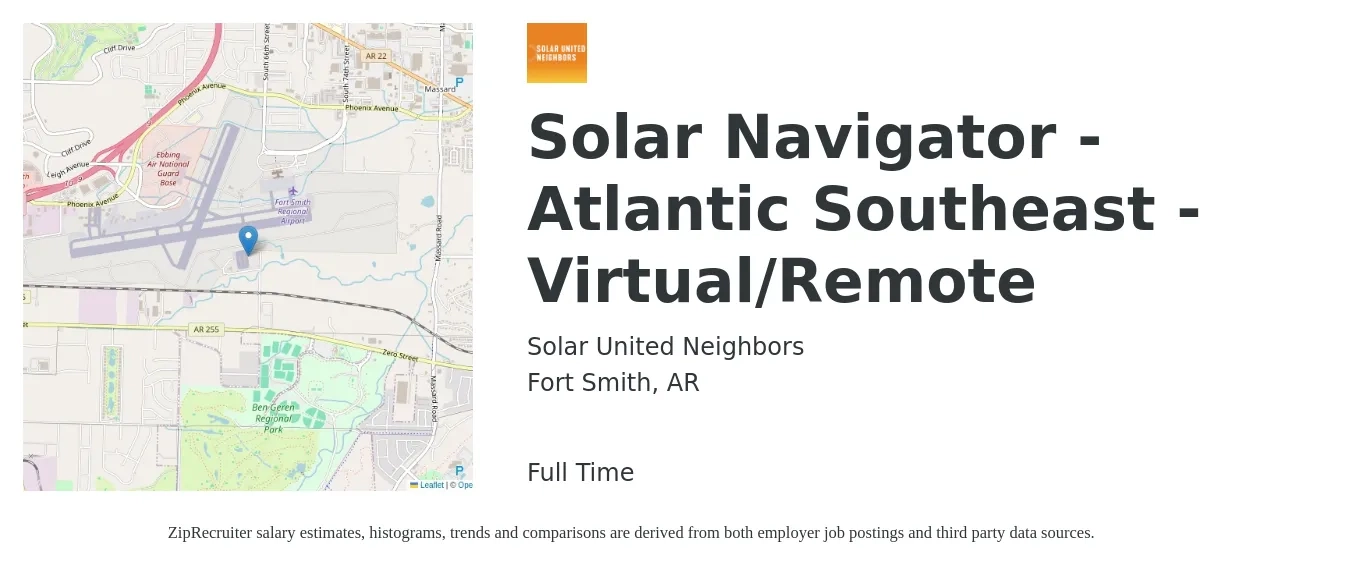 Solar United Neighbors job posting for a Solar Navigator - Atlantic Southeast - Virtual/Remote in Fort Smith, AR with a salary of $19 to $25 Hourly with a map of Fort Smith location.
