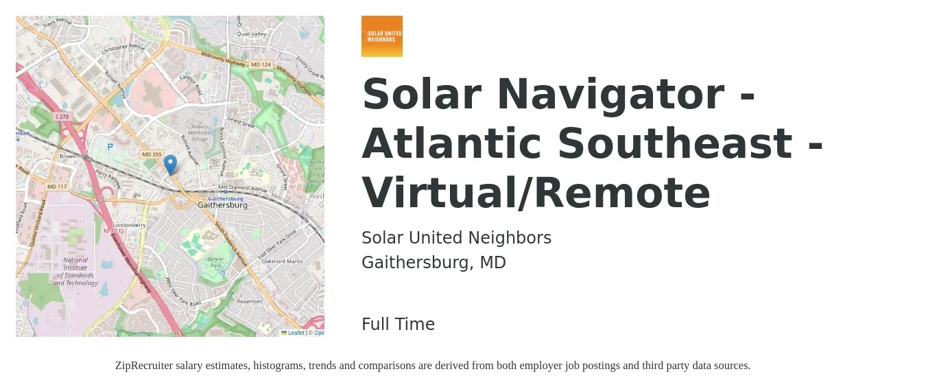 Solar United Neighbors job posting for a Solar Navigator - Atlantic Southeast - Virtual/Remote in Gaithersburg, MD with a salary of $21 to $28 Hourly with a map of Gaithersburg location.