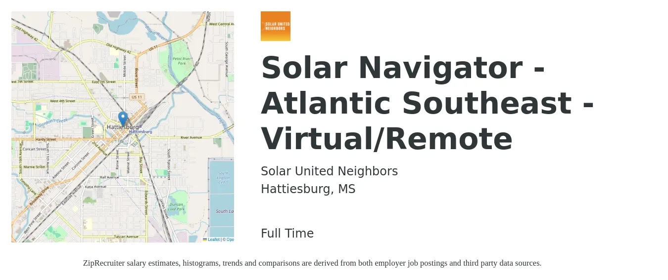 Solar United Neighbors job posting for a Solar Navigator - Atlantic Southeast - Virtual/Remote in Hattiesburg, MS with a salary of $20 to $26 Hourly with a map of Hattiesburg location.