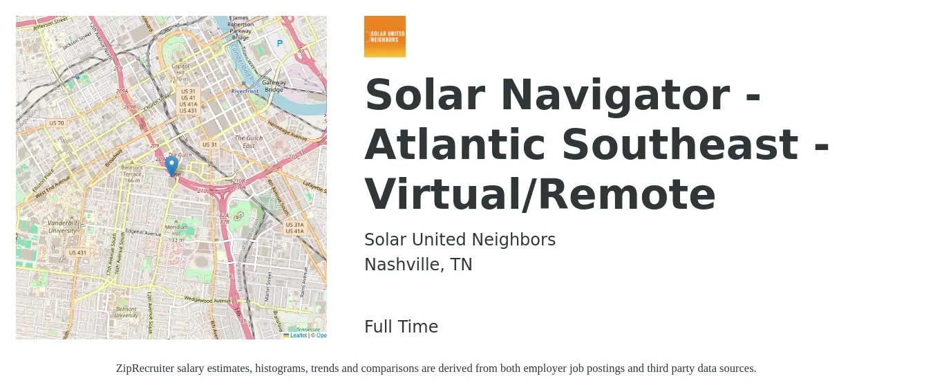 Solar United Neighbors job posting for a Solar Navigator - Atlantic Southeast - Virtual/Remote in Nashville, TN with a salary of $19 to $25 Hourly with a map of Nashville location.
