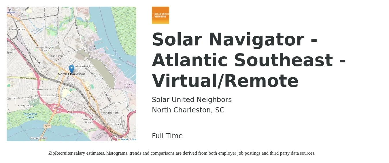 Solar United Neighbors job posting for a Solar Navigator - Atlantic Southeast - Virtual/Remote in North Charleston, SC with a salary of $19 to $25 Hourly with a map of North Charleston location.