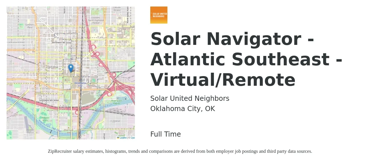 Solar United Neighbors job posting for a Solar Navigator - Atlantic Southeast - Virtual/Remote in Oklahoma City, OK with a salary of $18 to $24 Hourly with a map of Oklahoma City location.