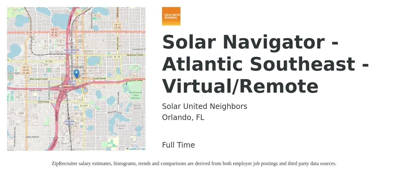 Solar United Neighbors job posting for a Solar Navigator - Atlantic Southeast - Virtual/Remote in Orlando, FL with a salary of $18 to $24 Hourly with a map of Orlando location.