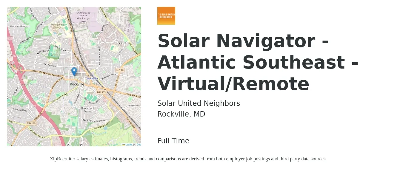 Solar United Neighbors job posting for a Solar Navigator - Atlantic Southeast - Virtual/Remote in Rockville, MD with a salary of $20 to $26 Hourly with a map of Rockville location.