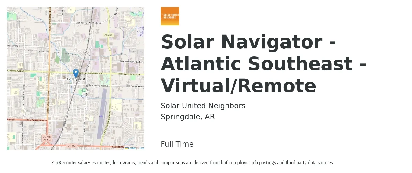 Solar United Neighbors job posting for a Solar Navigator - Atlantic Southeast - Virtual/Remote in Springdale, AR with a salary of $18 to $23 Hourly with a map of Springdale location.