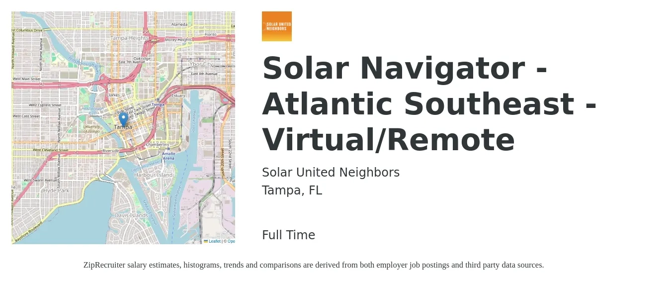 Solar United Neighbors job posting for a Solar Navigator - Atlantic Southeast - Virtual/Remote in Tampa, FL with a salary of $19 to $24 Hourly with a map of Tampa location.