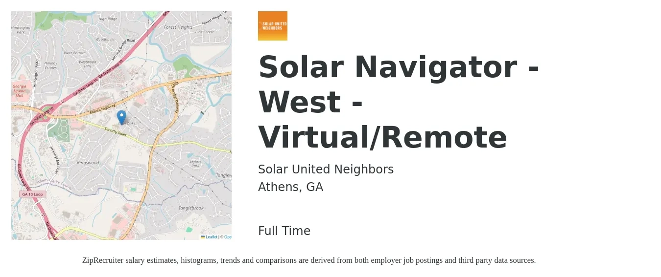 Solar United Neighbors job posting for a Solar Navigator - West - Virtual/Remote in Athens, GA with a salary of $19 to $25 Hourly with a map of Athens location.