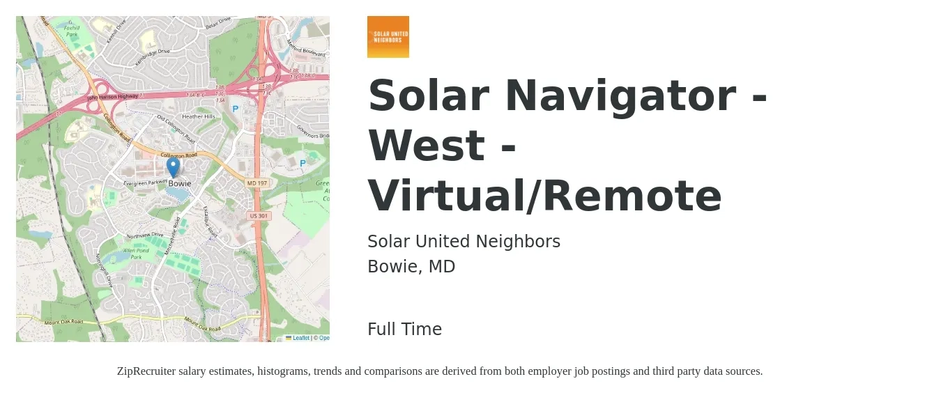 Solar United Neighbors job posting for a Solar Navigator - West - Virtual/Remote in Bowie, MD with a salary of $19 to $25 Hourly with a map of Bowie location.