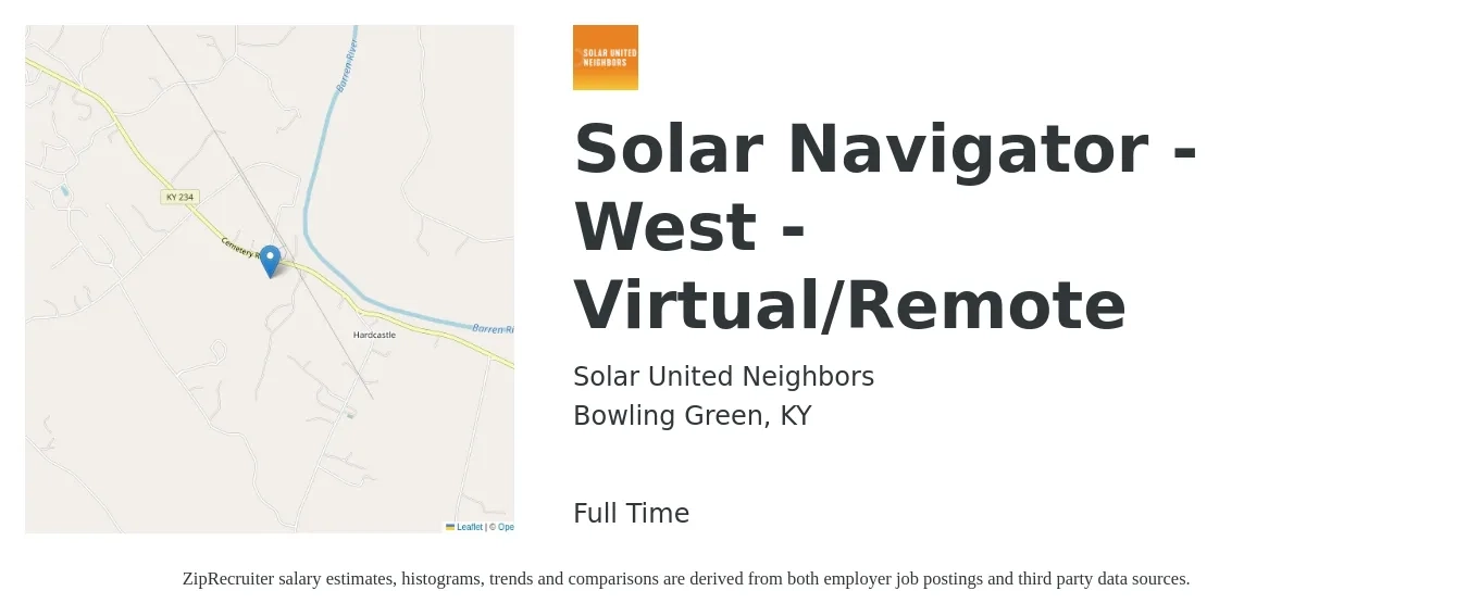 Solar United Neighbors job posting for a Solar Navigator - West - Virtual/Remote in Bowling Green, KY with a salary of $19 to $26 Hourly with a map of Bowling Green location.