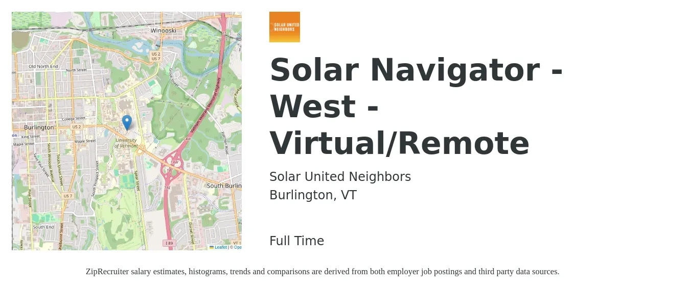 Solar United Neighbors job posting for a Solar Navigator - West - Virtual/Remote in Burlington, VT with a salary of $20 to $26 Hourly with a map of Burlington location.