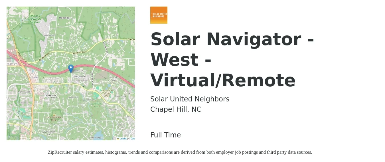 Solar United Neighbors job posting for a Solar Navigator - West - Virtual/Remote in Chapel Hill, NC with a salary of $17 to $22 Hourly with a map of Chapel Hill location.