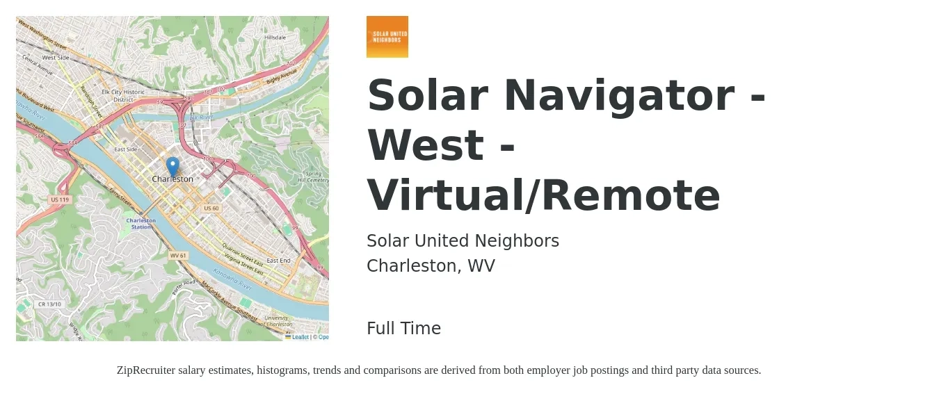 Solar United Neighbors job posting for a Solar Navigator - West - Virtual/Remote in Charleston, WV with a salary of $19 to $25 Hourly with a map of Charleston location.